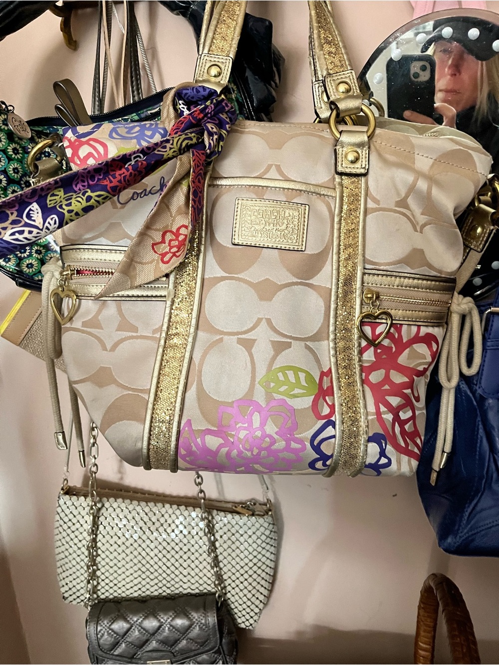 Coach Beige Signature Tote with Gold Trim and Multicolor Floral Accents